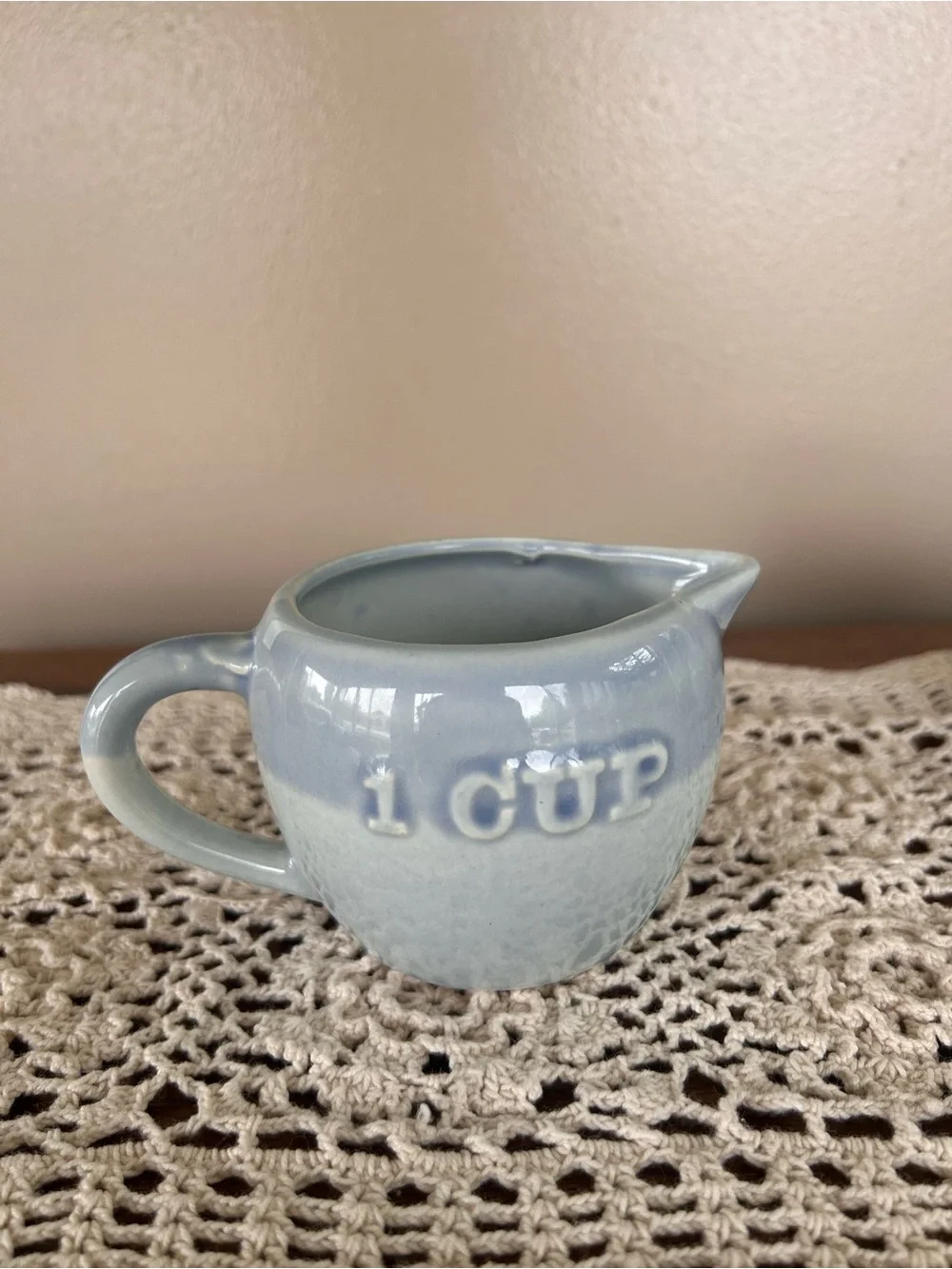 Set of 4 Vintage Taiwan Pottery Measuring Cups Blue Tree Landscape w/ Birds